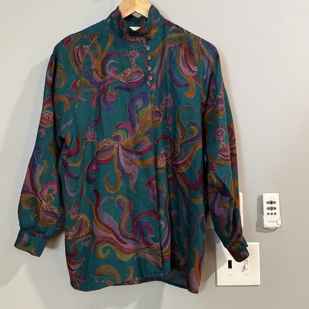 Geiger Top‎ Paisley Vintage Wool Blouse Hidden Buttons Tunic Womens L/XL